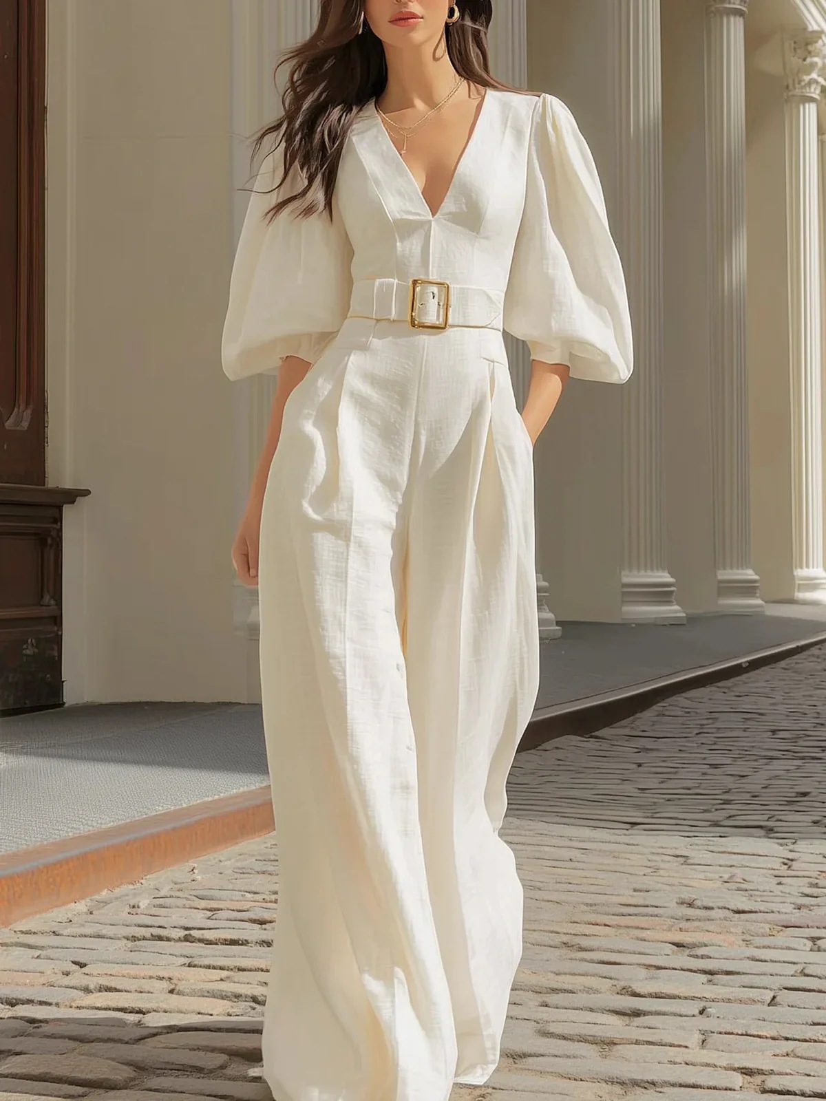 2026 European and American Women's Fashion Amazon Independent Site Solid Color V-Neck Mid-Sleeve Jumpsuit with Belt and Pockets Long Pants