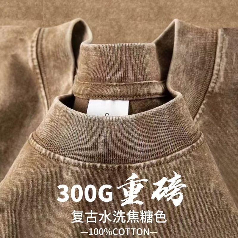 アメリカンレトロ 300 グラムヘビーウェイトピュアコットンウォッシュ加工半袖 T シャツ夏のトレンド無地ルーズ半袖メンズ|undefined