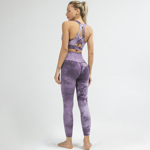 现货！欧美热销裸感扎染瑜伽美背套装专业运动跑步健身文胸套装女