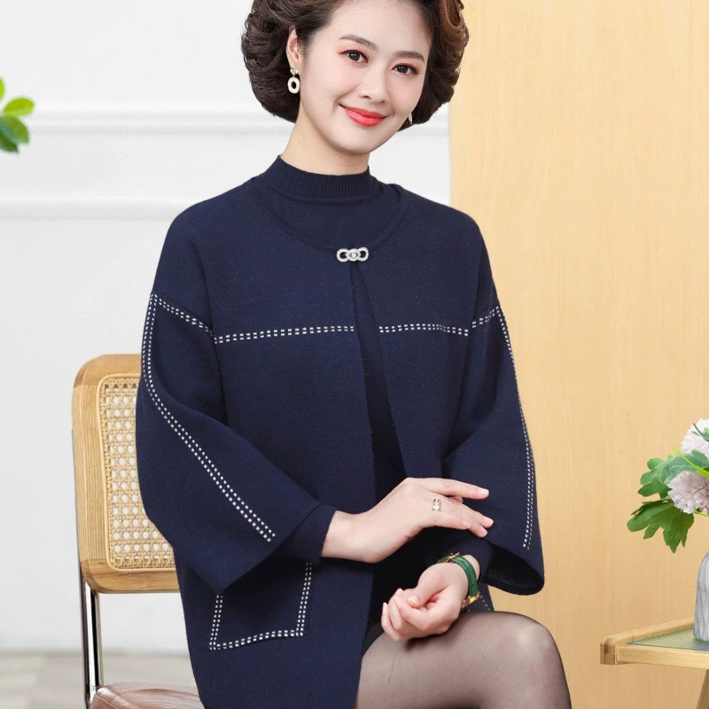 Для мам среднего и пожилого возраста, осенне-зимний вязаный Свободный Топ из двух предметов, весенне-осенний короткий кардиган в западном стиле, благородный костюм