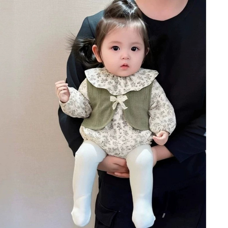 韩版春秋款婴幼儿碎花长袖爬服 女宝宝森系碎花马甲洋气两件套