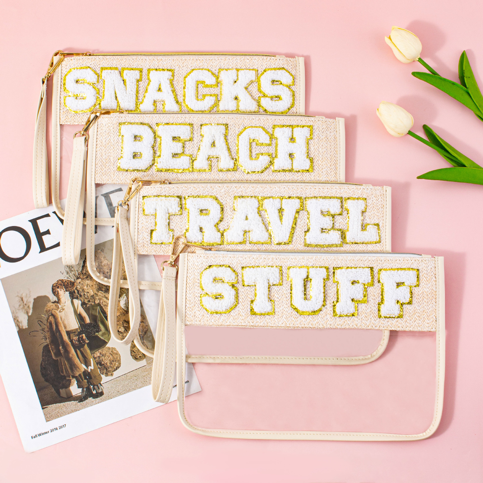 New cross-border embroidered transparent zipper snack storage bag, letter bag, pencil case