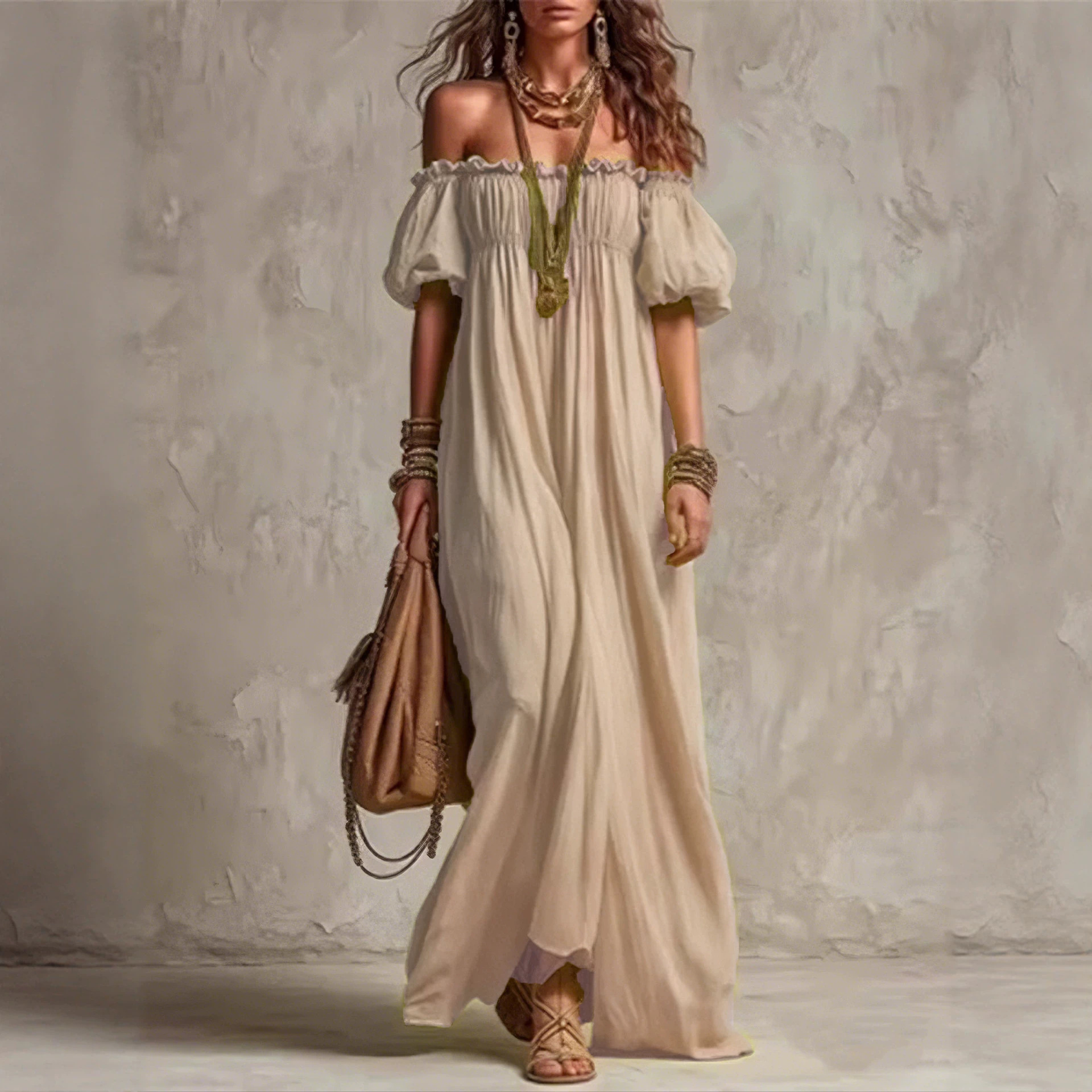 Amazon 2026 European and American Cross-Border Summer New Elegant Casual Loose One-Shoulder Lazy Puff Sleeve Long Dress
