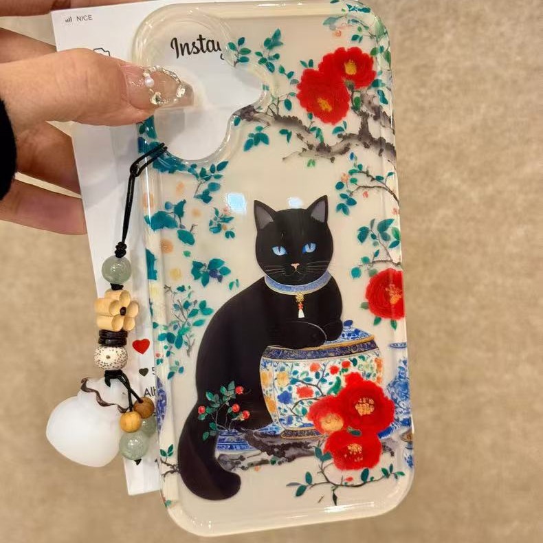 Ilustración creativa de celadón de flor roja de hoja verde para Apple 16promax funda para teléfono móvil para niña 15/14pro coreano 13