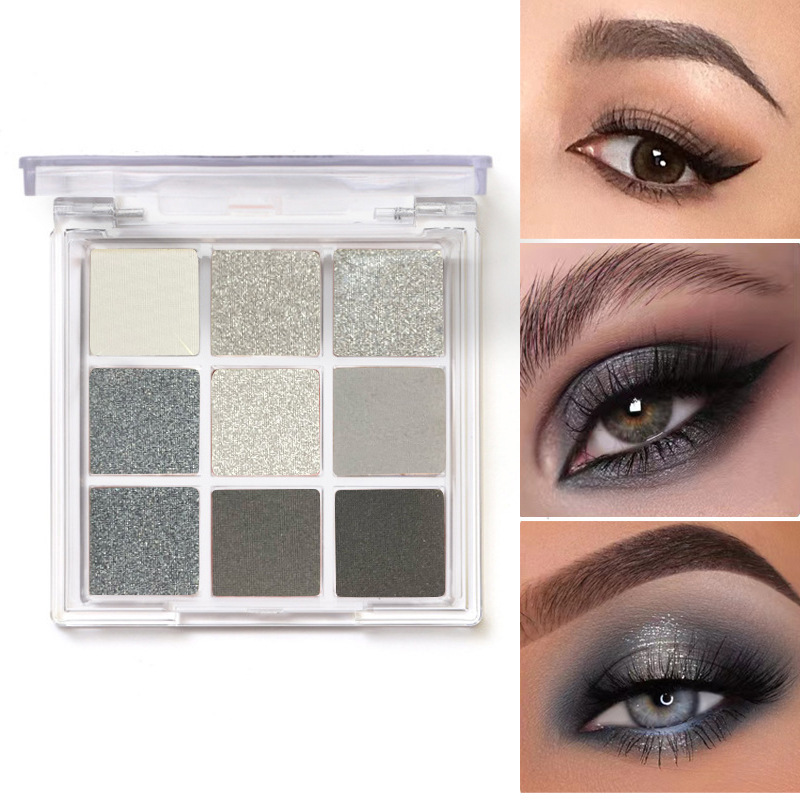 Border oscuro punk ahumado nueve colores paleta de sombras de ojos blanco y negro gris metal nacarado plateado mate maquillaje de escenario de fiesta