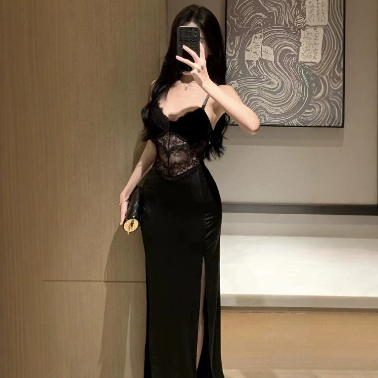 Waist-Cinching Dress with Slit, Black Hollow-Out Sexy Dress, Elegant Evening Gown with Padded Straps, Lace Bodycon Dress Waist-Cinching Dress with Slit, Black Hollow-Out Sexy Dress, Elegant Evening Gown with Padded Straps, Lace Bodycon Dress