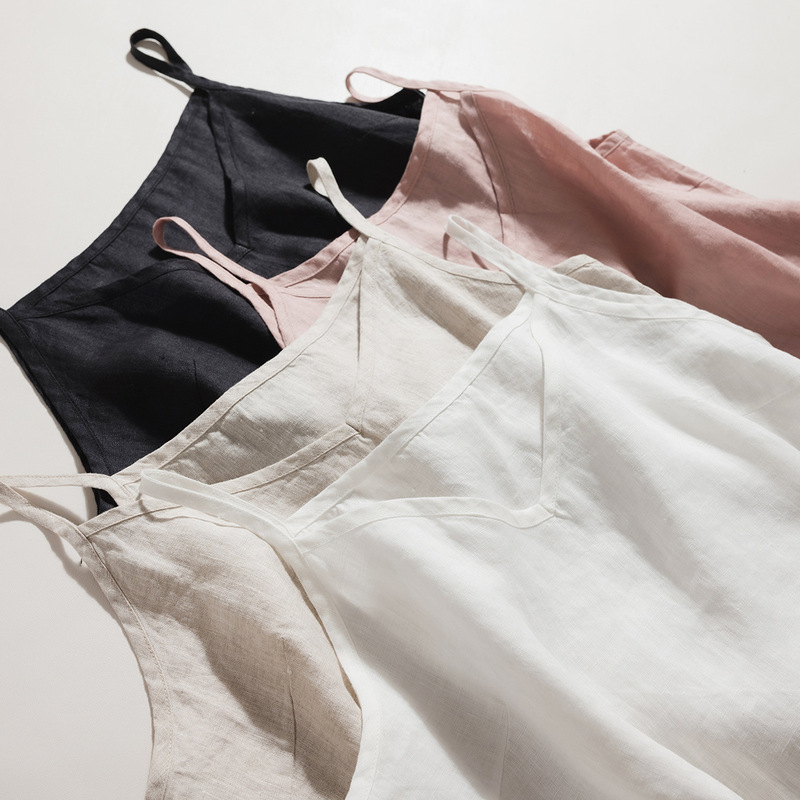 Foreign Trade Export Daily Single 17*21 Light, Soft and Thin Pure Linen Simple Literary V Neck with Camisole Inside
