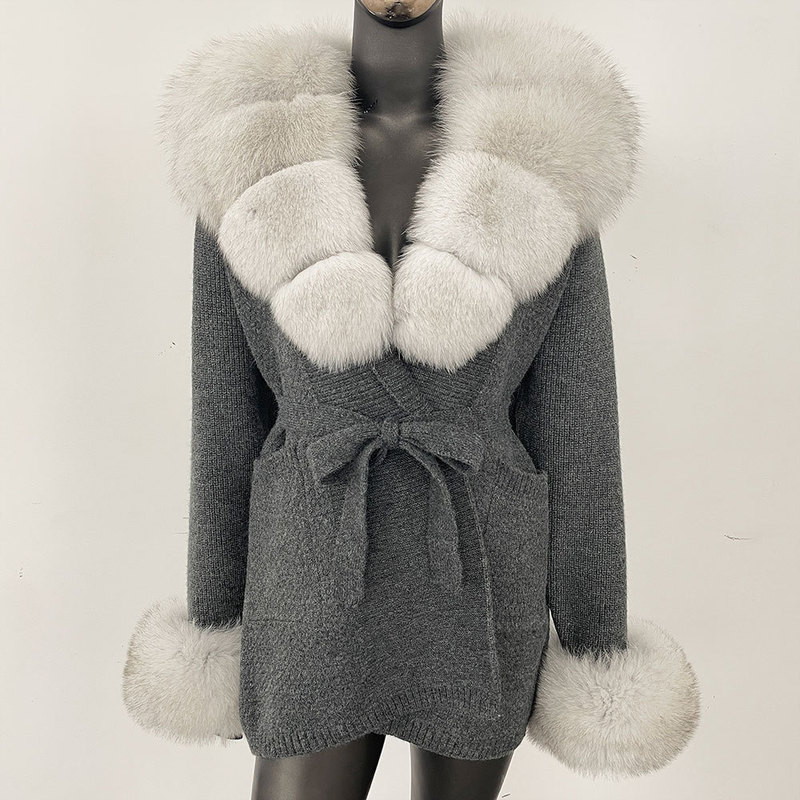 2025 Thickened Bathrobe Lazy Style Oversized Real Fox Fur Collar Knit Sweater Coat Women's Mid-Length Outerwear