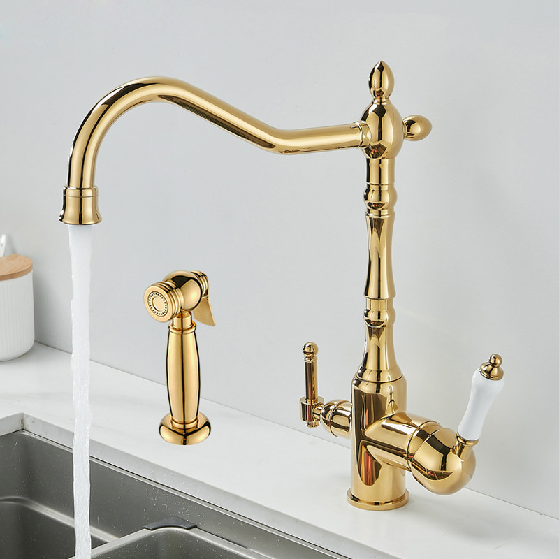 Retro European-style Ceramic Vegetable Washing Basin Kitchen Faucet Three-in-one Cold and Hot Splash-proof Rotary Direct Drinking Water Purification Zirconium Gold Retro European-style Ceramic Vegetable Washing Basin Kitchen Faucet Three-in-one Cold and Hot Splash-proof Rotary Direct Drinking Water Purification Zirconium Gold