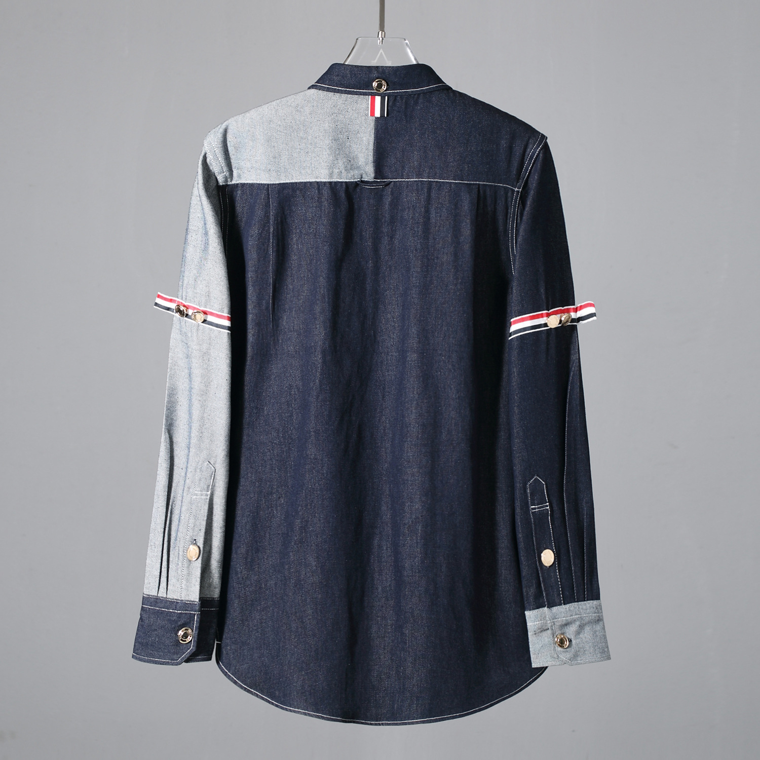 Vintage Wide-fit Patchwork Denim Shirt For Men Double Sleeve Ribbon_voghion.com