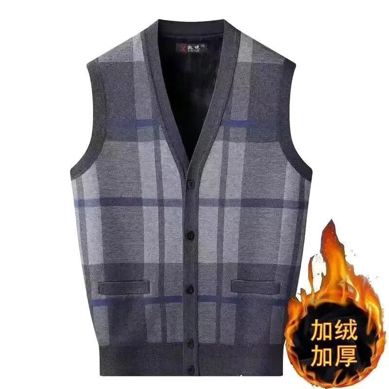 Men's new style fleece-lined sweater vest for middle-aged and elderly, V-neck, plus size, loose fit, autumn and winter vest