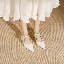 K77-2 仙女风水晶花朵扣尖头平底单鞋2024新款一脚蹬低跟单鞋女鞋
