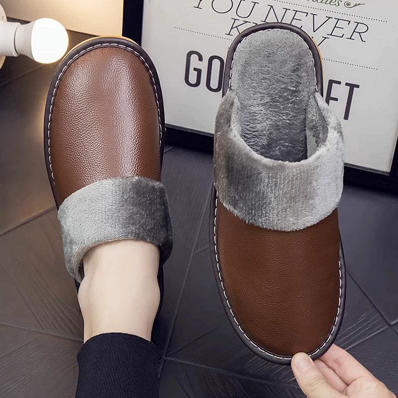 Теплые домашние тапочки Haining из хлопка для осени и зимы, нескользящие, с мягкой подошвой, бесшумные, дышащие, кожаные тапочки для дома с пайетками для мужчин и женщин.