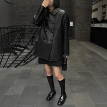 D25新款秋冬真皮皮衣女中长款双排扣宽松油蜡羊皮风衣西装外套