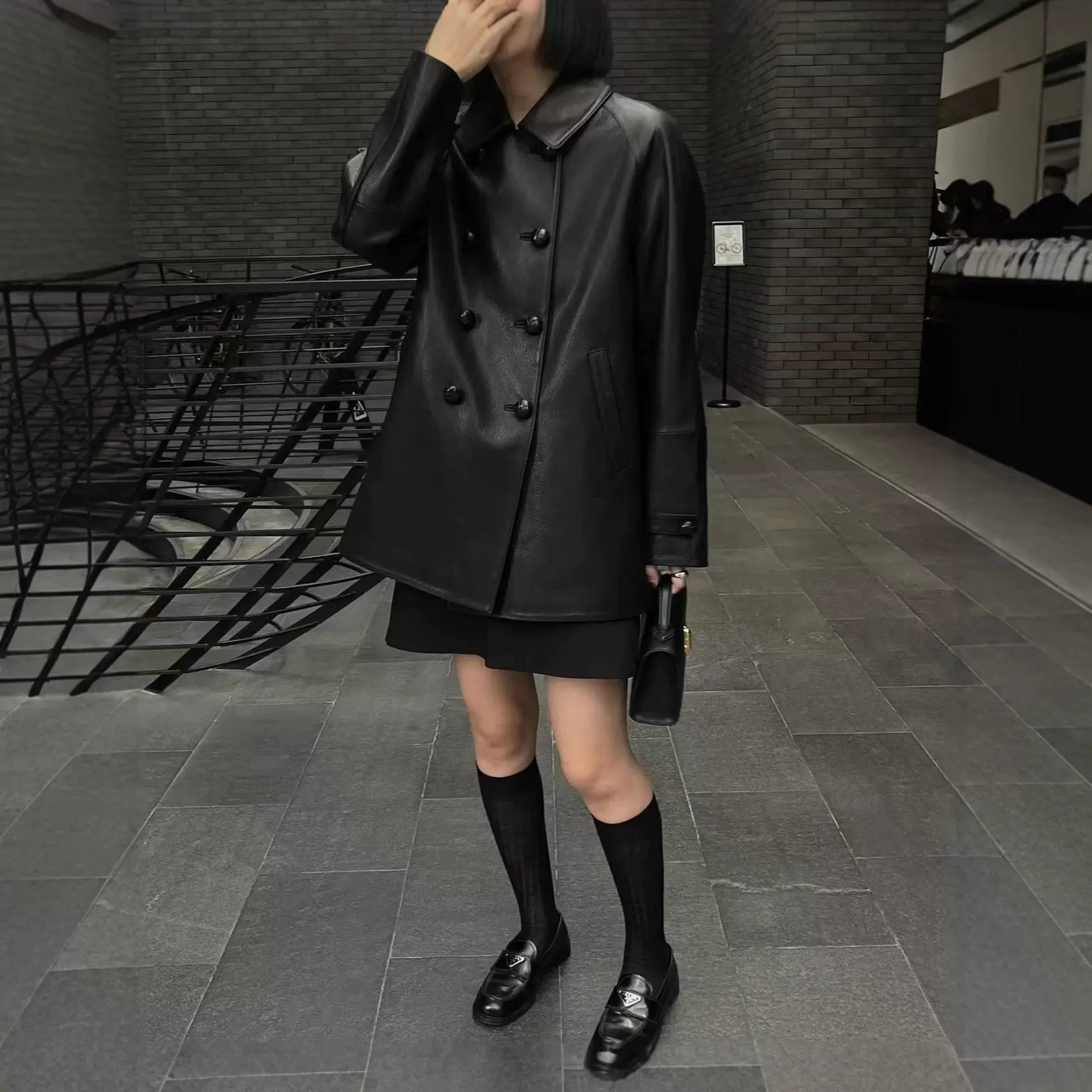 D25新款秋冬真皮皮衣女中长款双排扣宽松油蜡羊皮风衣西装外套