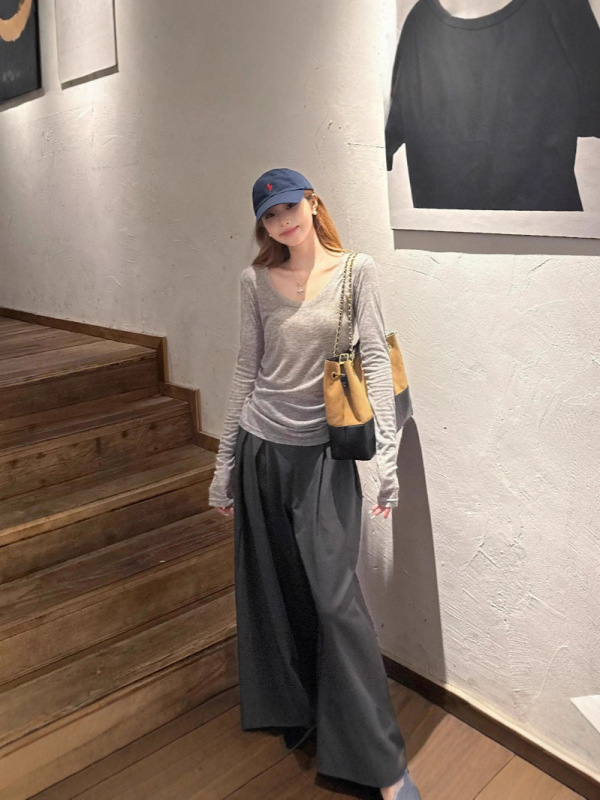 正肩U领薄款微透长袖T恤女春秋内搭短款打底衫辣妹修身显瘦上衣服|undefined