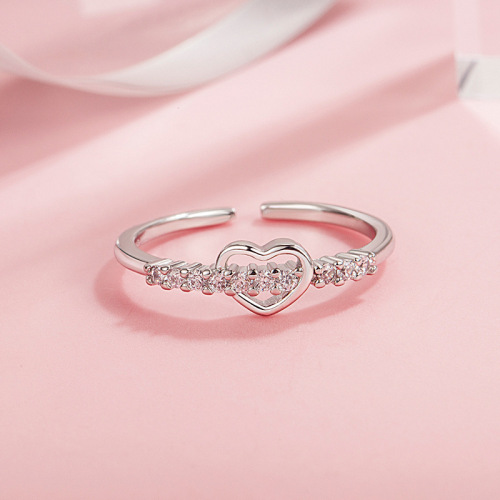 Simple row of diamonds, hollow love ring for women, girly heart, sweet and forest style small fresh hand ornaments, fashionable personality and high-end sense