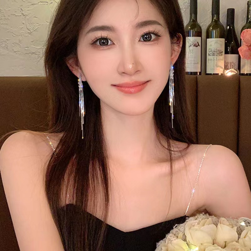 Exaggerated Long Chain Zircon Tassel Earrings Silver Drop Earrings_voghion.com