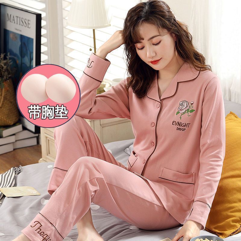 Pijamas de las mujeres con almohadilla en el pecho primavera y otoño cardigan Delgado manga larga más tamaño puro algodón 2023 nuevo estilo se puede usar fuera traje