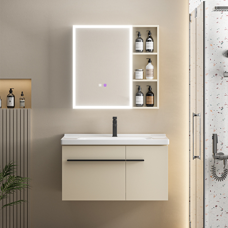 Crema estilo engrosada espacio de aluminio mueble de baño lavabo combinación baño lavabo de cerámica integrado espejo de belleza