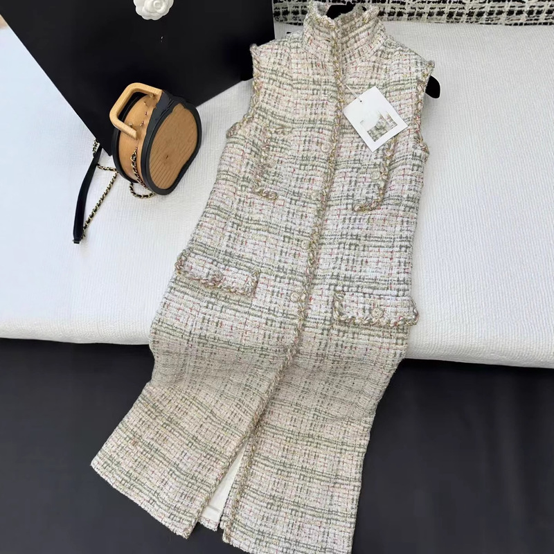 Nanyou Direct Supply 25 Early Autumn Color-Block Tweed Sleeveless Chanel-Style Vest Dress with Multiple Pockets