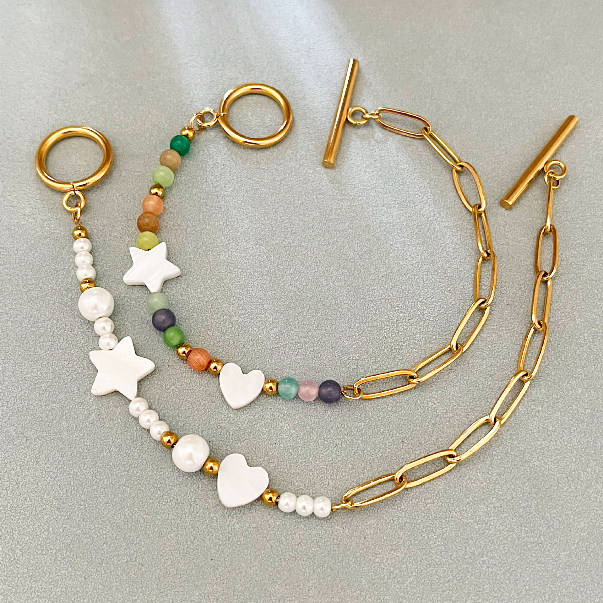 欧美跨境新款五角星彩色猫眼石手链手工串珠不锈钢个性百搭配饰女