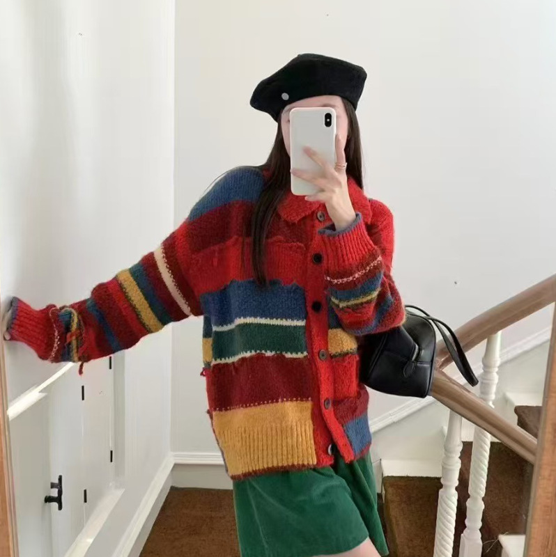 彩虹条纹针织开衫 2025秋季新款 小众慵懒翻领宽松毛衣外套女2591|undefined