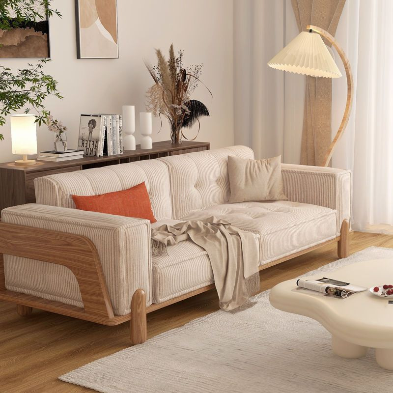 Bedroom Solid Wood Sofa Simple Modern Living Room Small Apartment Three-Person Nordic Wood Color Cream Style Fabric Sofa