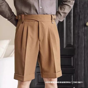 Men's Summer Breathable Gurkha High-Waist Casual Shorts Italian Retro Suit Shorts Naples Black