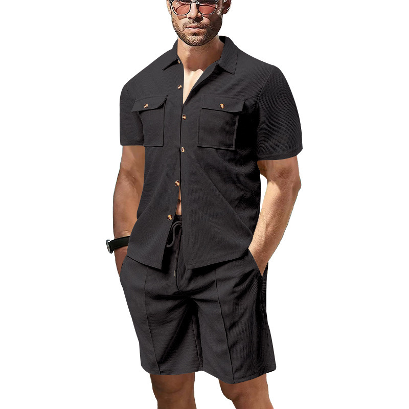 Neues sommerliches, grenzüberschreitendes Herren-Waffelhemd mit Tasche in Unifarben und kurzen Ärmeln, bestehend aus Hemd und Shorts._voghion.com