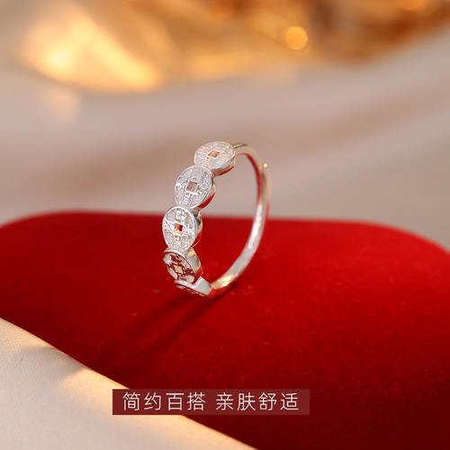 925 Pure Silver Copper Coin Ring with a Finger Opening, Women's Unique Design, Lightweight Luxury, Wealth-Bringing Five Emperors Coin Ring