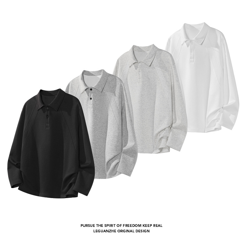 Polo/sweat-shirt en coton chinois à épaules droites, style américain, pour homme, printemps-automne, patchwork déstructuré._voghion.com