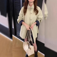 韩系格子翻边立领连帽风衣外套女中款2025早秋季新款休闲百搭上衣