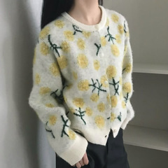 韩系圆领花朵刺绣针织开衫女2025秋冬季新款宽松甜美百搭毛衣外套