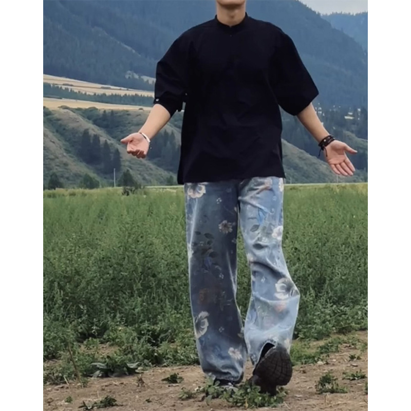 Big and Small Yang Brother's Same Style Retro Printed Jeans for Men and Women in Spring & Fall Loose Wide-leg Floor-length Pants Legendary Business