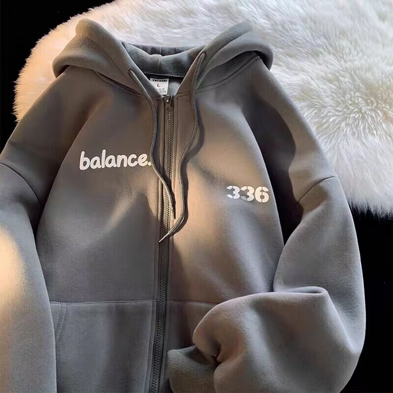 Silver Fox Velvet Hooded Zipper Jacket for Men and Women, Loose Autumn and Winter Style bf Style Trendy Brand Letter Print Versatile Cardigan Sweatshirt