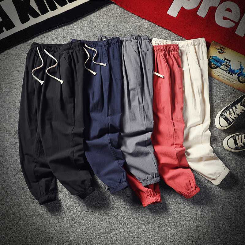 Linen Pants Men's 2022 Summer Thin Breathable Solid Color Nine-point Casual Pants Bundled Foot Nose Nine-point Pants Cotton and Linen Pants