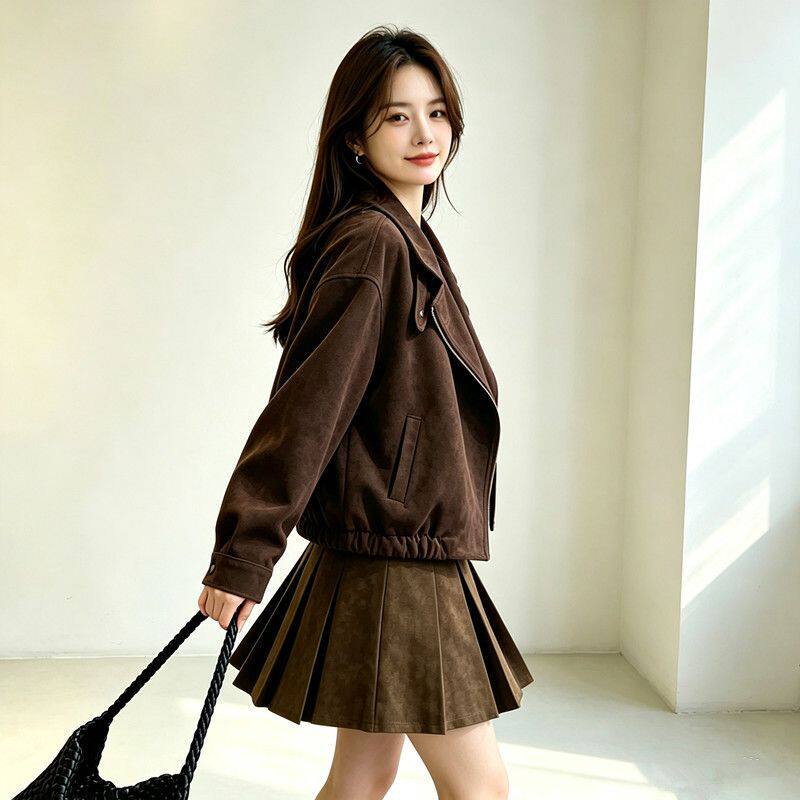 Áo khoác ngắn nữ da lộn dáng rộng khóa kéo, dài tay, cổ bẻ — Màu kaki, Màu nâu cà phê chi tiết 7