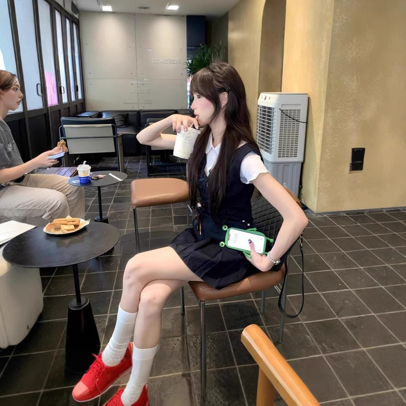 学院风甜美韩系夏季高腰背心连衣裙女学生+白色短袖衬衫套装_单件|undefined
