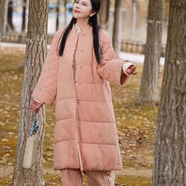 丝麻棉衣 2025冬季新款 复古盘扣立领显瘦中长款加棉外套女士