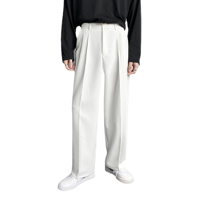 Primavera y otoño Corea del Sur celebridad de Internet drapeado pantalones de traje recto hombres sueltos coreano casual blanco Pantalones anchos pantalones de fregona