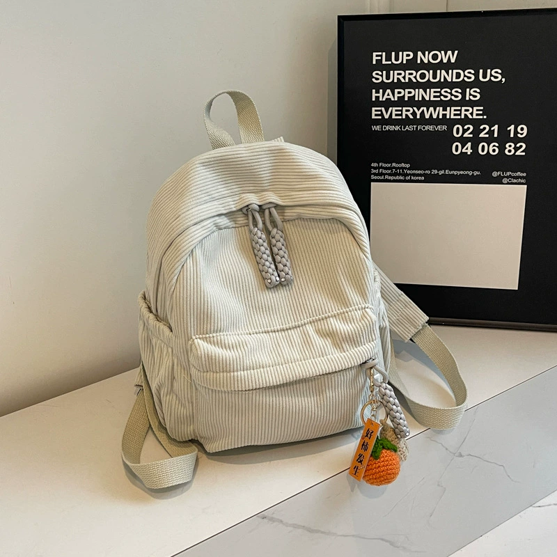 Backpack small shoulder travel bag, city style, corduroy texture, 27×14×30 cm, pendant option
