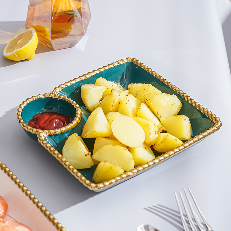 Placa de dumpling cuadrada nórdica con plato de inmersión personalizada hogar cerámica neta rojo desayuno plato creativo compartimento francés fritas