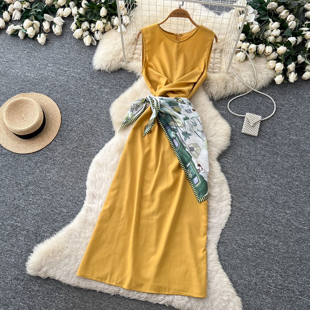 Elegant Sleeveless Round Neck Dress Style Summer Asymmetrical Long Dress With Scarf And Slit Sophisticated Tie Waist For Commuting_ecoleips.com