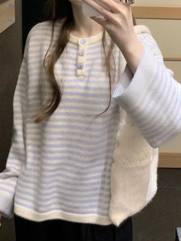 韩系蓝白设计条纹长袖冬季2025新款宽松正肩显瘦毛衣上衣百搭时尚|undefined