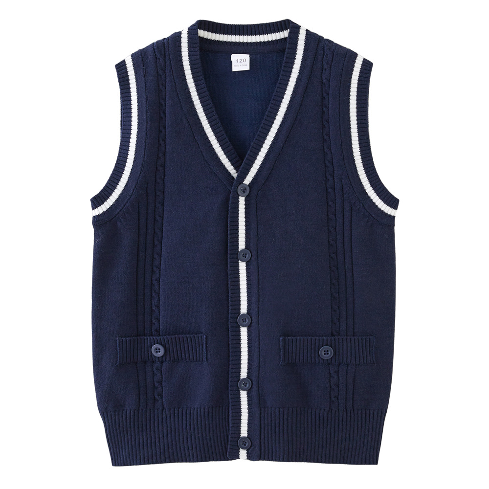 Contraste transfronterizo color giro medio y grande suéter de los niños Chaleco de Bolsillo falso Chaleco de punto de los niños cardigan uniforme escolar de las niñas