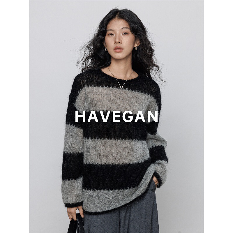 Havegan/Autumn Round Neck Long-Sleeved Wide Stripesd Wool Knitwear Women's Mohair Soft Waxy Casual Top