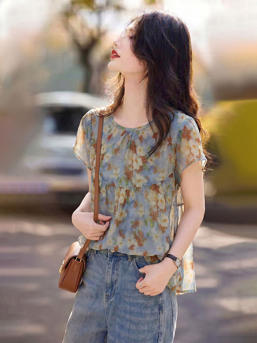 Áo sơ mi ngắn tay cổ tròn họa tiết hoa sơn dầu phong cách Pháp — màu sắc