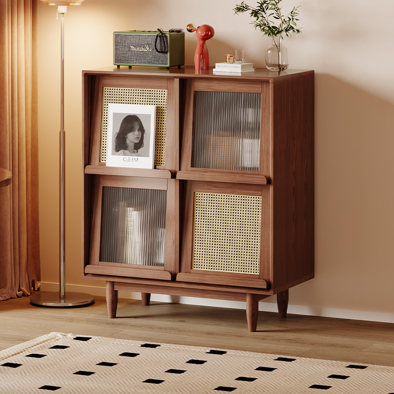 Log Style Solid Wood Bookcase Cupboard Storage Locker Integrated Chinese Magazine Cabinet Glass Storage Living Room Side Cabinet