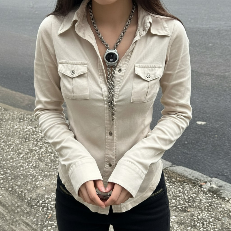 2025 夏ヨーロッパとアメリカの女性の服ストリート作業服スタイルラペルポケットスリムフィットミッドスリーブシャツ女性卸売|undefined